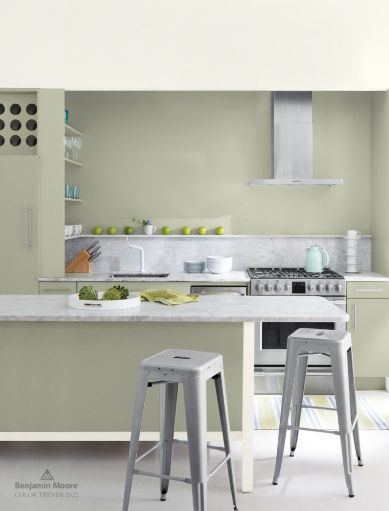 Benjamin Moore Color Of the Year October Mist 2022 in a Kitchen
