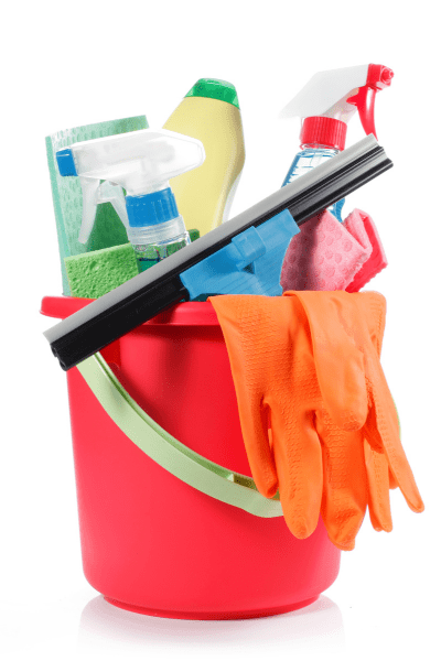 Red bucket full of cleaning items like spray bottles, sponges, gloves and a squeegee